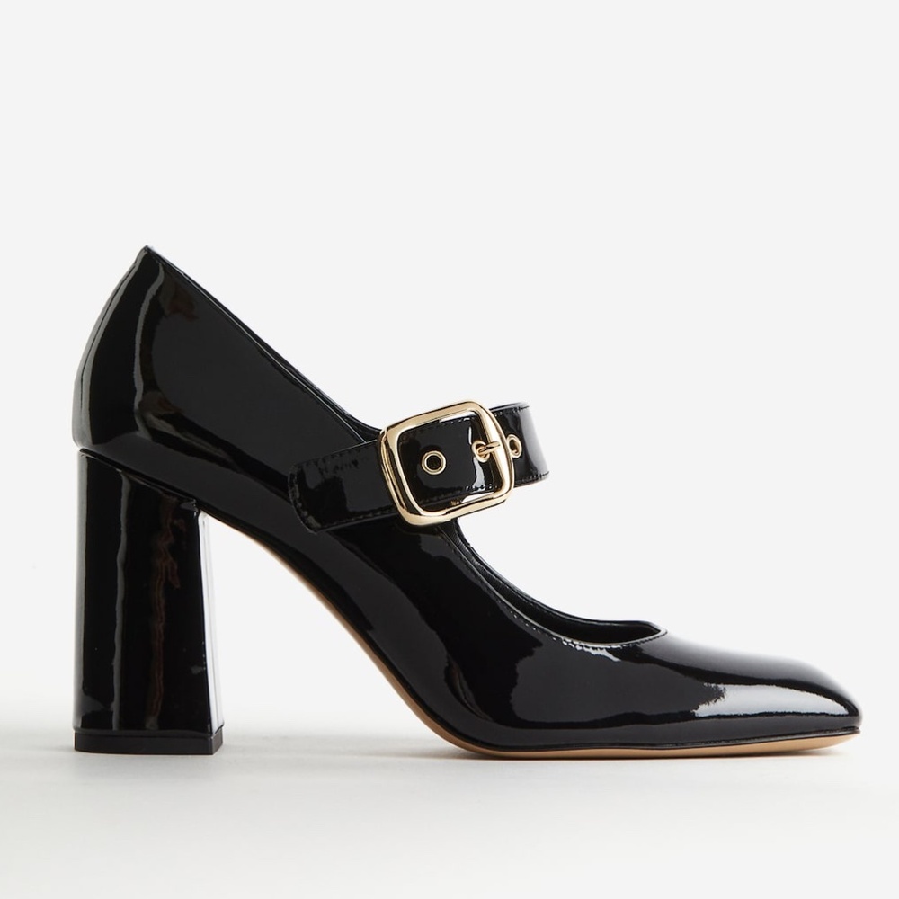 H&M Block-Heeled Mary Janes Black Patent Leather Buckle Heels Shoes 9